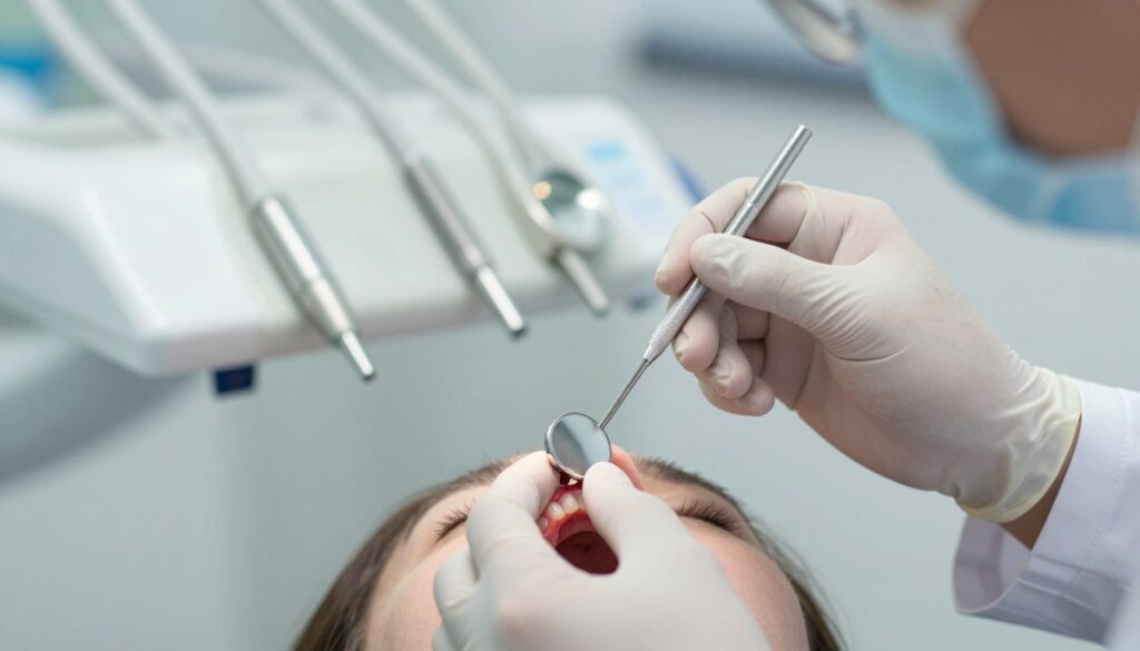 A close-up view of a dentist’s hand examining a patient’s mouth in a modern dental clinic. The dentist, wearing a white lab coat and protective gloves, is using a dental mirror to inspect the gums. The focus is on the area of the gum where a cyst might form, showing healthy gum tissue alongside a small, noticeable cyst. The background features dental tools neatly arranged on a counter, with soft, bright lighting illuminating the scene, creating a clean and professional atmosphere. The angle is slightly tilted from above, emphasizing both the examination process and the detailed view of the gum area. The overall mood is clinical yet informative, emphasizing the importance of oral diagnostics.