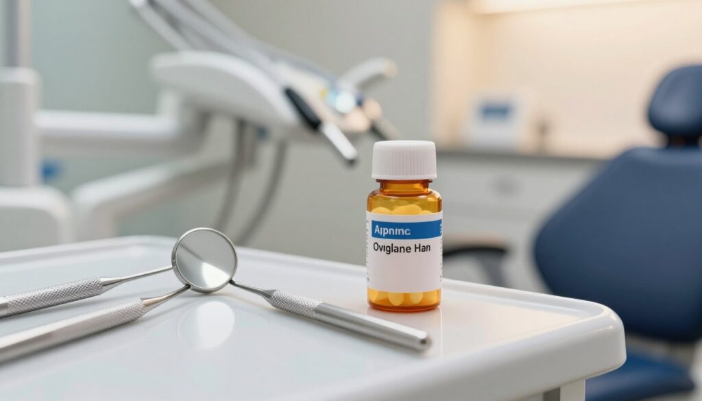 A close-up view of a dentist's tools and an antibiotic pill bottle positioned on a clean, sterile dental surface. The foreground features a shiny metal dental mirror and explorer, reflecting bright overhead lights, evoking a clinical environment. In the background, blurred dental equipment and a dental chair suggest a professional dental office. Soft, warm lighting illuminates the scene, creating a reassuring and calm atmosphere. The focus is sharp on the antibiotic pill bottle labeled clearly, emphasizing the importance of proper dental care and medication, without any visible text overlays or logos. The overall composition conveys a sense of professionalism, hygiene, and expertise in dental treatment.