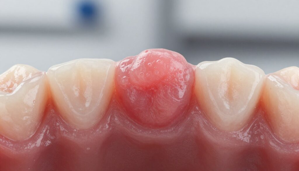 A close-up view of a healthy human mouth showing a detailed perspective of gum tissue and a hard lump on the gum, showcasing the vibrant pink color of healthy gums contrasted with a clearly defined, abnormal hard lump. The focal point is the lump, with fine details highlighting its texture and shape. Surrounding the gum area, we see comparative healthy gums for context. Soft, diffused lighting enhances the visibility of the texture without harsh shadows, simulating a clinical examination environment. The background is lightly blurred to maintain focus on the gum area while subtly suggesting a dental clinic atmosphere, ensuring a professional and informative appearance. The overall mood is scientific and educational, suitable for a health article.
