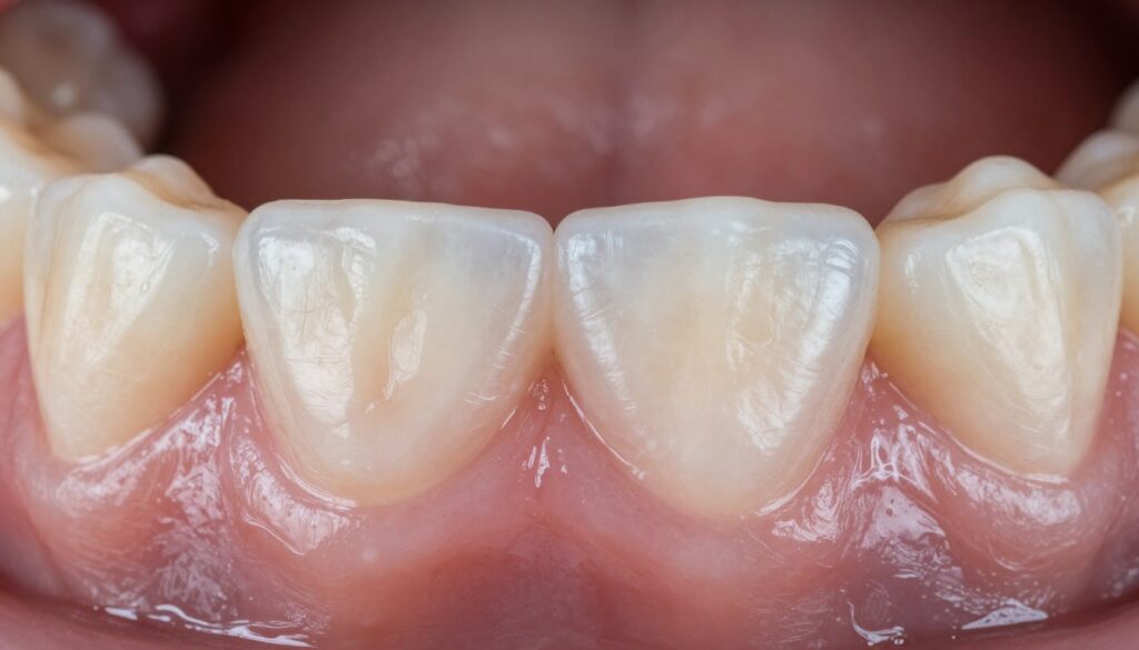 A close-up view of a human gum line featuring leukoplakia, showcasing distinct white patches that cannot be wiped away, emphasizing texture and surface detail. The foreground highlights the affected area of the gums, illustrating the irregular white lesions against the surrounding healthy pink gum tissue. The middle ground includes subtle features like adjacent teeth for better context. The background is softly blurred to focus on the oral condition. Natural lighting highlights the surfaces, casting soft shadows to emphasize the textures. The mood is clinical and informative, suitable for a medical understanding of oral health. The composition is captured with a macro lens from a slightly angled perspective to enhance detail and depth. The image maintains professionalism and is strictly Safe For Work.