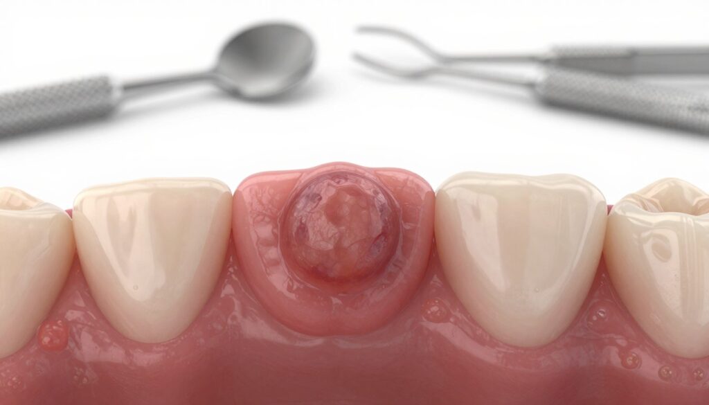 A close-up view of a human gum, showcasing a growth or bump on the surface, indicating the presence of a gum lesion. The foreground features a detailed illustration of the affected gum area, highlighting the texture and color variations of the gingiva, with a soft, soft focus on the bump to create a sense of prominence. In the middle ground, blurred dental tools can be seen on a clean, white background, suggesting a dental examination setting. The lighting is soft and clinical, enhancing the natural colors of the gum tissue without harsh shadows. The overall mood is serious yet educational, providing clarity on oral health concerns, with a focus on medical precision. No human figures are present, ensuring a purely illustrative focus.