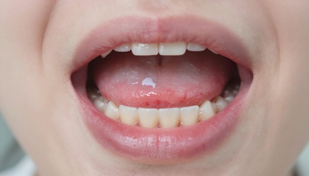 A close-up view of a human mouth exhibiting various causes of white patches in the oral cavity. The foreground features clear and detailed images of the gums, with specific attention on pale, inflamed areas alongside the teeth. In the middle ground, soft lighting highlights the texture of the tongue and surrounding tissues, emphasizing the contrast between healthy pink tones and the white patches. The background is slightly blurred, maintaining focus on the oral features while suggesting a clinical environment with neutral colors. The mood is informative and clinical, capturing the essence of dental examination. The image should not include any text or labels, ensuring a clean and professional appearance.