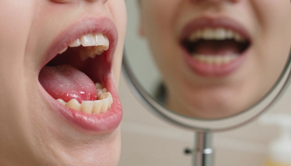 A close-up view of a human mouth, featuring healthy and unhealthy gums to illustrate the symptoms of gum inflammation. The foreground should show vibrant, detailed gum tissue, contrasting between bright pink healthy gums and swollen, red inflamed gums. In the middle ground, include a reflective bathroom mirror that captures the mouth, enhancing focus on the gums while ensuring the teeth are clearly visible but not the primary focus. The background should be softly blurred, depicting a warmly lit bathroom setting with a gentle, inviting atmosphere. Enhance the image with natural lighting to emphasize the textures and colors of the gums, and use a slight depth of field to draw attention to the gums without distractions. A close-up view of a human mouth, featuring healthy and unhealthy gums to illustrate the symptoms of gum inflammation. The foreground should show vibrant, detailed gum tissue, contrasting between bright pink healthy gums and swollen, red inflamed gums. In the middle ground, include a reflective bathroom mirror that captures the mouth, enhancing focus on the gums while ensuring the teeth are clearly visible but not the primary focus. The background should be softly blurred, depicting a warmly lit bathroom setting with a gentle, inviting atmosphere. Enhance the image with natural lighting to emphasize the textures and colors of the gums, and use a slight depth of field to draw attention to the gums without distractions.