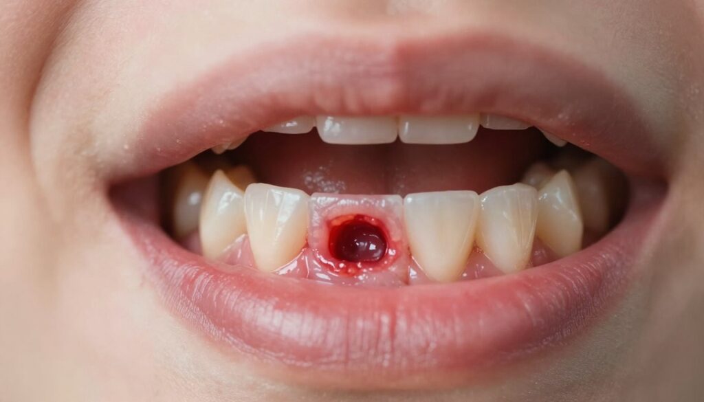 A close-up view of a human mouth showcasing a freshly extracted tooth site, emphasizing the red, inflamed gums surrounding the area. The foreground features the tooth socket, demonstrating slight bleeding and swelling, with a focus on vivid details of the gum tissue. The middle ground captures the overall impression of the mouth, displaying a careful angle that highlights dental health. Soft, diffused lighting enhances the warm colors of the gums against the natural whiteness of the teeth. The background is subtly blurred to maintain focus on the gums, evoking an atmosphere of clinical concern and awareness. The image should have a medical context, illustrating the importance of dental care post-extraction.