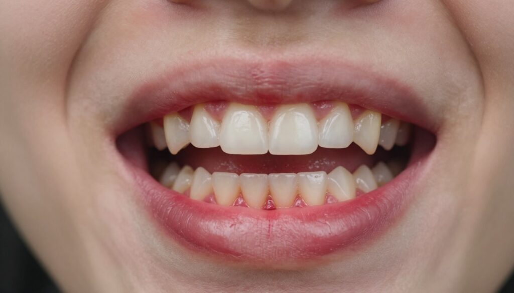 A close-up view of a human mouth, showcasing the lower gums inflamed around the wisdom tooth area. The inflamed gums are bright red, indicating infection, while the wisdom tooth appears partially erupted and slightly misaligned. The focus is on the contrast between the healthy parts of the gums and the swollen area. Soft, natural lighting highlights the details of the gums, giving a clinical but clear perspective. The image is taken at a slight angle, allowing for a view of both the teeth and gums. The background is softly blurred to emphasize the mouth, creating a serious and educational atmosphere pertinent to dental health.