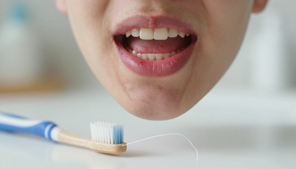 A close-up view of a human mouth showcasing the symptoms of gum inflammation. The foreground features swollen, red gums with noticeable irritation and plaque buildup around teeth, highlighted under soft, natural lighting to emphasize the details. In the middle, a toothbrush and dental floss lie on a clean white surface, suggesting oral hygiene practices. The background is softly blurred, hinting at a cozy bathroom setting with blurred outlines of toothbrush holders and dental care products. The atmosphere is informative yet inviting, encouraging viewers to focus on oral health. The composition should be well-lit, capturing the nuances of the condition’s visual characteristics without any clutter or distractions.