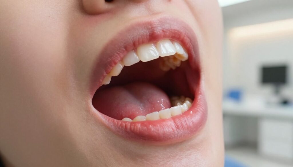 A close-up view of a human mouth showing symptoms of gum abscess, focusing on swollen, inflamed gums around a tooth. The foreground captures the detailed texture of the gums, highlighting the redness and puffiness indicative of infection. The midground showcases a partially visible tooth with pus buildup, emphasizing the severity of the condition. In the background, a blurred dental office environment conveys a clinical setting, with soft, warm lighting to create a professional and informative atmosphere. The lens angle is slightly angled to capture the mouth's contours realistically. The mood is serious yet educational, portraying the importance of recognizing these alarming symptoms for urgent dental care.