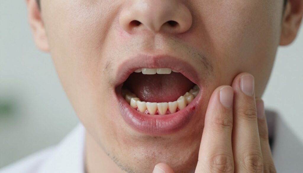 A close-up view of a human mouth showing the symptoms of gum injury. The image focuses on the gum area around a broken tooth, highlighting redness, swelling, and potential bleeding. In the foreground, the details of the tooth and gum texture are sharp, showcasing an injured gum with visual emphasis on the inflammation and discoloration. The middle layer features a person looking concerned, dressed in professional attire, gently touching their cheek to indicate discomfort. The background is softly blurred, creating a clinical setting with neutral colors and soft, diffused lighting to evoke a sense of urgency and care. The mood should be serious yet informative, conveying the importance of recognizing the signs of gum injury.