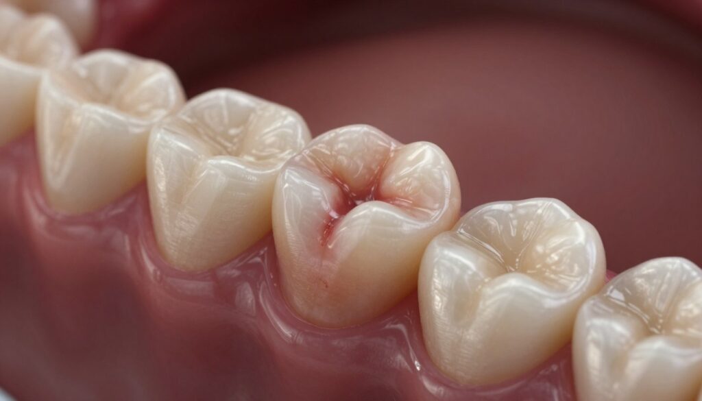 A close-up view of a human tooth, emphasizing a decayed and discolored dead tooth surrounded by healthy teeth, showcasing the contrast. The foreground features the impacted tooth with visible signs of infection, like redness and swelling of the gums. The middle ground captures the texture of the enamel and surrounding teeth, while the background is softly blurred to focus on the tooth in distress. The lighting is warm and clinical, highlighting the unfavorable condition of the central tooth, enhancing a sense of unease and concern. The angle is slightly tilted to provide an engaging view of the dental issue, evoking a thoughtful atmosphere about dental health and pain.