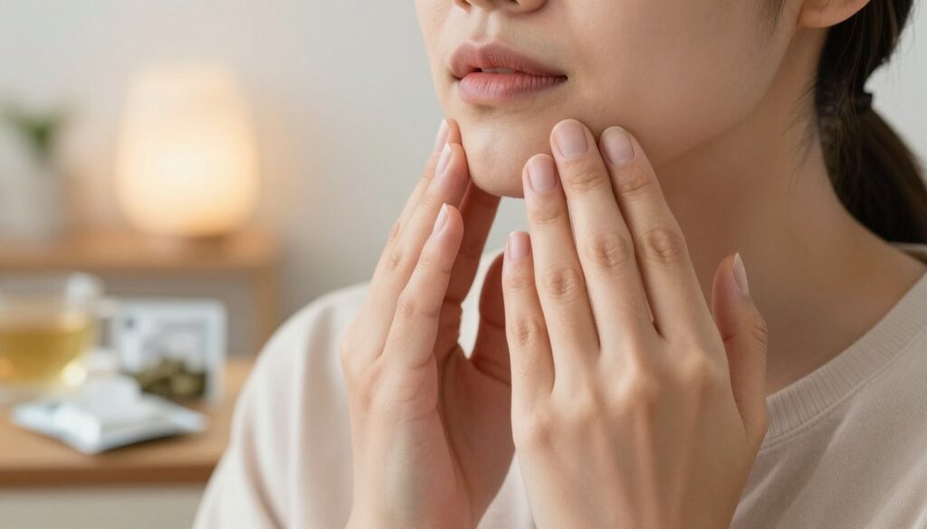 A close-up view of a person's hands gently massaging their jaw, conveying a sense of relief from tooth pain. The foreground features well-groomed hands with visible, yet subtle expressions of discomfort, emphasizing empathy for those suffering from dental pain. The middle layer showcases a modest home setting with a cozy atmosphere, possibly including a warm light source that casts a soft glow, enhancing the feeling of comfort. In the background, hints of a dental care kit with common at-home remedies, like a pack of ice and herbal tea, provide context without overwhelming the scene. The overall mood is tranquil and soothing, reflecting the urgency and need for relief before a dental visit.