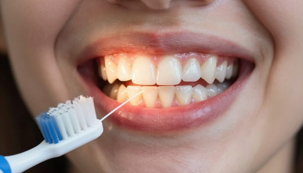 A close-up view of a person's mouth displaying healthy gums with a focus on the area between the teeth, showcasing the contrast of healthy pink gums against the white teeth. The gums should have a slight sheen to indicate moisture and vitality. In the foreground, include dental tools like a toothbrush and dental floss artistically arranged, suggesting effective home care. The middle ground could feature a gentle light source illuminating the mouth area, creating a warm atmosphere. Soft shadows should add depth to the scene, while the background remains softly blurred to keep the focus on the gums and dental care tools. The overall mood should convey a sense of resolution and comfort, emphasizing the importance of maintaining oral health. A close-up view of a person's mouth displaying healthy gums with a focus on the area between the teeth, showcasing the contrast of healthy pink gums against the white teeth. The gums should have a slight sheen to indicate moisture and vitality. In the foreground, include dental tools like a toothbrush and dental floss artistically arranged, suggesting effective home care. The middle ground could feature a gentle light source illuminating the mouth area, creating a warm atmosphere. Soft shadows should add depth to the scene, while the background remains softly blurred to keep the focus on the gums and dental care tools. The overall mood should convey a sense of resolution and comfort, emphasizing the importance of maintaining oral health.