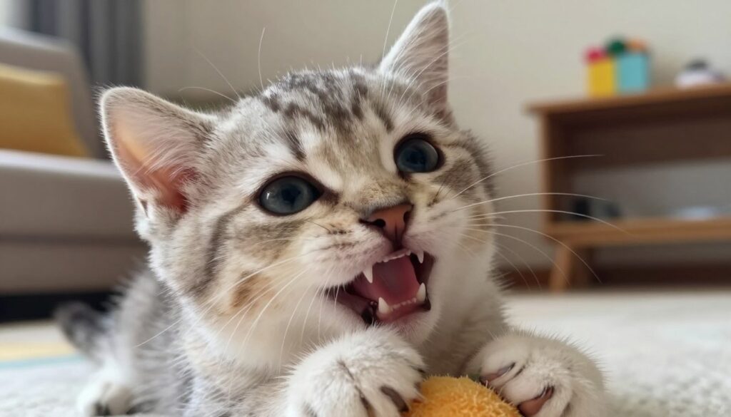 A close-up view of a playful kitten with its small, delicate milk teeth prominently displayed while biting gently on a soft toy. The scene captures a warm, inviting atmosphere with soft lighting that highlights the kitten's fluffy fur and inquisitive eyes. In the background, a cozy living room setting with a hint of colorful decorations creates an engaging context, while soft focus emphasizes the kitten in the foreground. The image should be bright and cheerful, evoking a sense of innocence and curiosity that embodies the early stages of a cat's dental development. The angle is slightly tilted to create a dynamic composition, ensuring the focus remains on the captivating details of the kitten’s teeth.