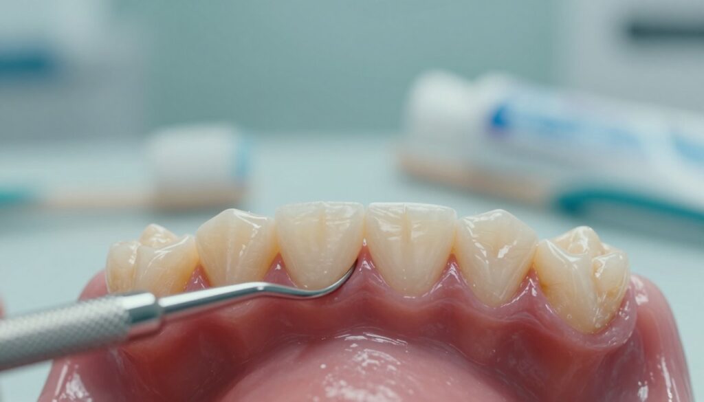 A close-up view of a set of healthy teeth and gums, with a focused depiction of slightly bleeding gums between the teeth. The foreground features a dental examination tool, reflecting the clinical aspect of dental care. In the middle ground, ensure subtle details such as a toothbrush and toothpaste, symbolizing oral hygiene practices. The background is softly blurred with a calming color palette, highlighting a dental clinic environment. Utilize soft, diffused lighting to create a serene atmosphere, and use a macro lens perspective to enhance the details of the gums' texture and coloration. The overall mood should be informative and professional, conveying the importance of dental health and potential underlying health issues. Avoid any text or watermarks in the image. A close-up view of a set of healthy teeth and gums, with a focused depiction of slightly bleeding gums between the teeth. The foreground features a dental examination tool, reflecting the clinical aspect of dental care. In the middle ground, ensure subtle details such as a toothbrush and toothpaste, symbolizing oral hygiene practices. The background is softly blurred with a calming color palette, highlighting a dental clinic environment. Utilize soft, diffused lighting to create a serene atmosphere, and use a macro lens perspective to enhance the details of the gums' texture and coloration. The overall mood should be informative and professional, conveying the importance of dental health and potential underlying health issues. Avoid any text or watermarks in the image.