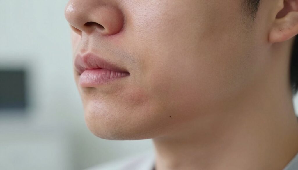 A close-up view of a swollen jawline with a focus on the cheek area, illustrating the effects of dental extraction. The skin appears slightly red and puffy, capturing the essence of discomfort yet in a professional, clinical context. In the background, a blurred image of an office setting can be hinted at, suggestive of a work environment. Soft, natural lighting enhances the overall mood, emphasizing the physical ailments without being overly dramatic. The depth of field should draw attention to the swelling while keeping other elements in a soft focus. A subtle, calm atmosphere is created to evoke empathy and understanding towards recovery post-dental procedure, with no human figures present to focus solely on the main subject. A close-up view of a swollen jawline with a focus on the cheek area, illustrating the effects of dental extraction. The skin appears slightly red and puffy, capturing the essence of discomfort yet in a professional, clinical context. In the background, a blurred image of an office setting can be hinted at, suggestive of a work environment. Soft, natural lighting enhances the overall mood, emphasizing the physical ailments without being overly dramatic. The depth of field should draw attention to the swelling while keeping other elements in a soft focus. A subtle, calm atmosphere is created to evoke empathy and understanding towards recovery post-dental procedure, with no human figures present to focus solely on the main subject.