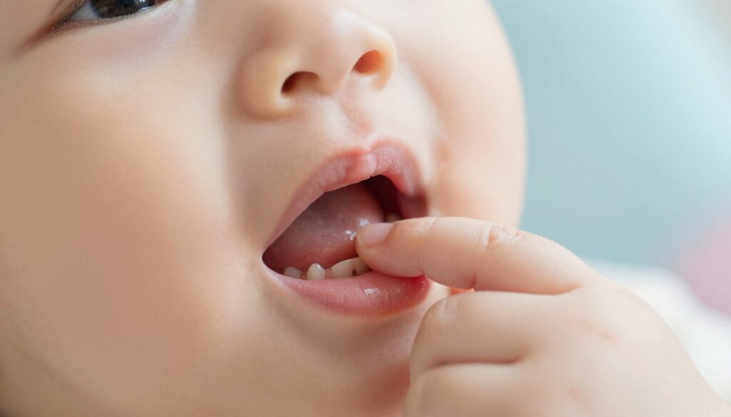 A close-up view of a tender infant's gums during the teething process, showcasing the subtle swell and redness typical of this stage. The gum area should be brightly illuminated, with soft, natural lighting that enhances the smooth texture of the skin. In the foreground, focus on the infant’s mouth, capturing the delicate details with a macro lens to emphasize the forming teeth just below the surface. The background should be softly blurred to highlight the subject, incorporating soothing and gentle pastel colors like soft blues and pinks to create a calm atmosphere. The overall mood is nurturing and informative, showcasing the beauty of this natural developmental milestone while conveying a sense of care and attention to the infant's comfort during teething.