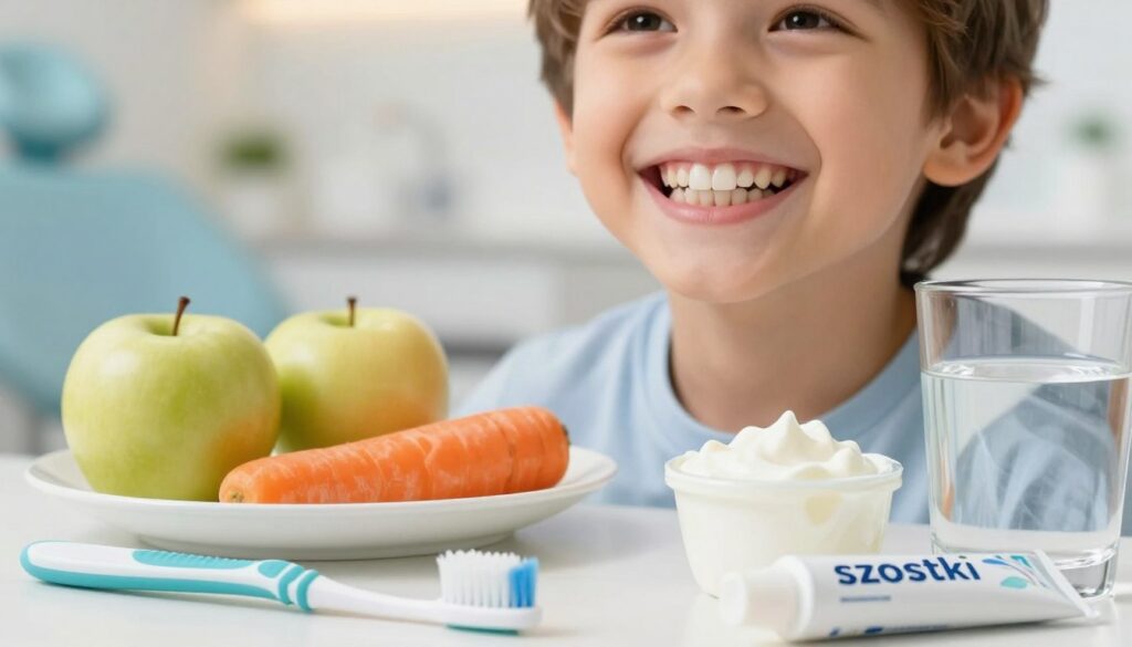 A close-up view of a young child's teeth showcasing their newly erupted permanent molars, known as "szóstki." The child, around six years old, is smiling brightly, emphasizing the healthy, white teeth. In the foreground, a small toothbrush and toothpaste tube are placed next to a glass of water, symbolizing good dental hygiene. In the middle ground, a vibrant plate of healthy snacks like apples, carrots, and yogurt represents a nutritious diet conducive to oral health. The background features a soft-focus dental clinic, with warm lighting that creates a friendly and welcoming atmosphere. The overall mood is positive and educational, highlighting the importance of caring for emerging permanent teeth with proper hygiene practices.