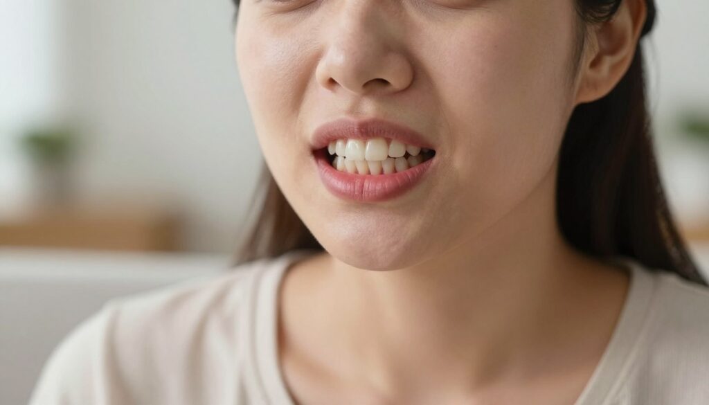 A close-up view of an expectant mother’s mouth, focusing on her swollen gums, highlighting the condition known as pregnancy gingivitis. The mother has a concerned look on her face, dressed in a simple, modest blouse. The foreground displays the detail of the inflamed gums with a slight reddish hue, while her teeth are healthy and white, contrasting against the gums. Soft, natural lighting emphasizes the features without harsh shadows, creating a warm and empathetic atmosphere. In the background, a blurred representation of a cozy, welcoming home environment, suggesting comfort and care. The overall mood conveys a sense of concern and the importance of dental health during pregnancy, allowing viewers to connect emotionally with the subject.