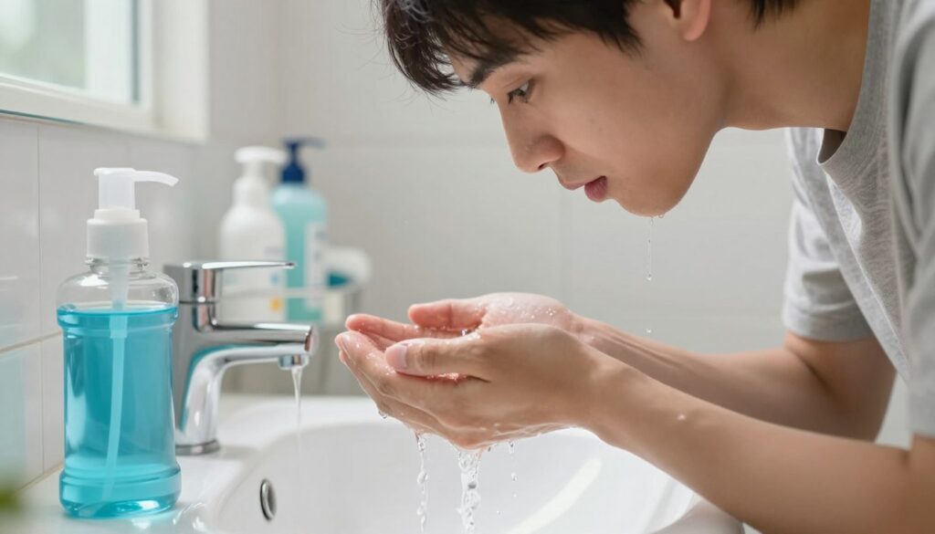 A close-up view of an individual rinsing their mouth with a clear mouthwash in a bright, clean bathroom setting. The foreground features a modern glass mouthwash dispenser, partially filled with vibrant blue liquid, and a sleek, white basin where the individual is cupping their hands to gather the mouthwash. The middle ground shows the reflection of the person’s focused expression, wearing a modest casual shirt. Soft natural light streams in from a nearby window, creating a fresh and inviting atmosphere. The background includes neatly arranged dental care products on a bathroom shelf, enhancing the sense of hygiene and care. The overall mood is calm and reassuring, emphasizing the importance of oral health.