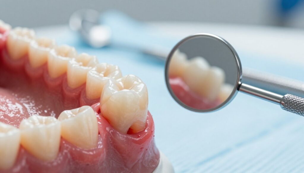 A close-up view of an inflamed gum area around a wisdom tooth, highlighting the redness and swelling typical of dental discomfort. The foreground captures detailed textures of healthy and unhealthy gum tissues, accented by a healthy molar tooth beside the offending one. In the middle ground, a dental mirror reflects the problem area, emphasizing the wisdom tooth's positioning. The background is softly blurred, featuring a faint outline of dental instruments on a clean, sterile surface to suggest a dental office. Soft, natural lighting creates a calm and clinical atmosphere, underlining the seriousness of dental care. The overall mood conveys concern yet encourages proactive treatment.
