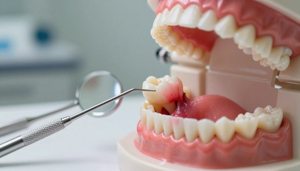 A close-up view of an inflamed gum area around the wisdom tooth, showcasing swelling and redness. The foreground should feature a detailed depiction of a dental model highlighting the impacted wisdom tooth and surrounding gum tissue, emphasizing the swelling. In the middle ground, include dental instruments such as a probing tool and mirror to symbolize dental treatment. The background should be softly blurred, suggesting a clinical dental office environment with muted colors and gentle lighting, creating a calm and analytical atmosphere. Focus on sharp details of the gums while maintaining a clean and professional aesthetic, capturing the essence of dental health issues.