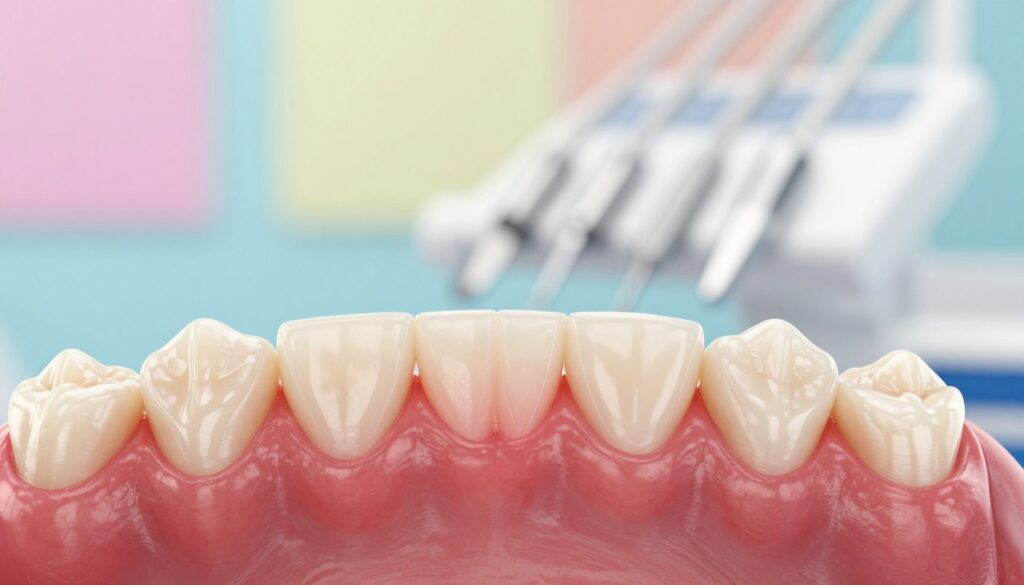 A close-up view of an inflamed gum condition, specifically focusing on swollen, red gums surrounding healthy teeth. The foreground features a detailed depiction of the gums, highlighting signs of irritation and distress. In the middle ground, a gentle reflection of dental tools in an organized, sterile dental office can be seen, hinting at a professional environment. The background is softly blurred, showcasing calming pastel colors that suggest tranquility and health awareness. The lighting is bright yet soft, emphasizing the details of the gums while creating an inviting atmosphere. The angle is slightly tilted downwards for a more dramatic and informative perspective. This image evokes a sense of urgency for dental care while remaining educational and visually appealing.