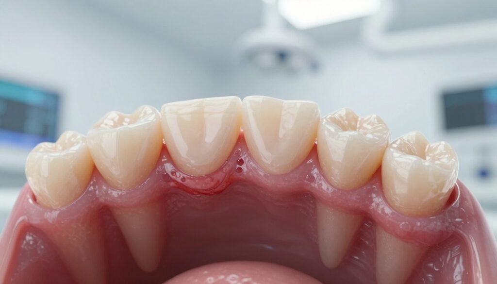 A close-up view of an open mouth showing a healing gum area after a tooth extraction, highlighting the condition known as "dry socket." The foreground features a detailed view of the gum, showcasing the inflamed and healing tissues with a subtle tinge of redness. In the middle ground, a soft focus emphasizes the surrounding teeth while indicating a lack of the typical blood clot. The background has a blurred dental office environment, softly illuminated with bright, clinical lighting to enhance the focus on the mouth. The mood is clinical yet educational, conveying a sense of caution and awareness. The image should not contain any captions, text, or human figures.