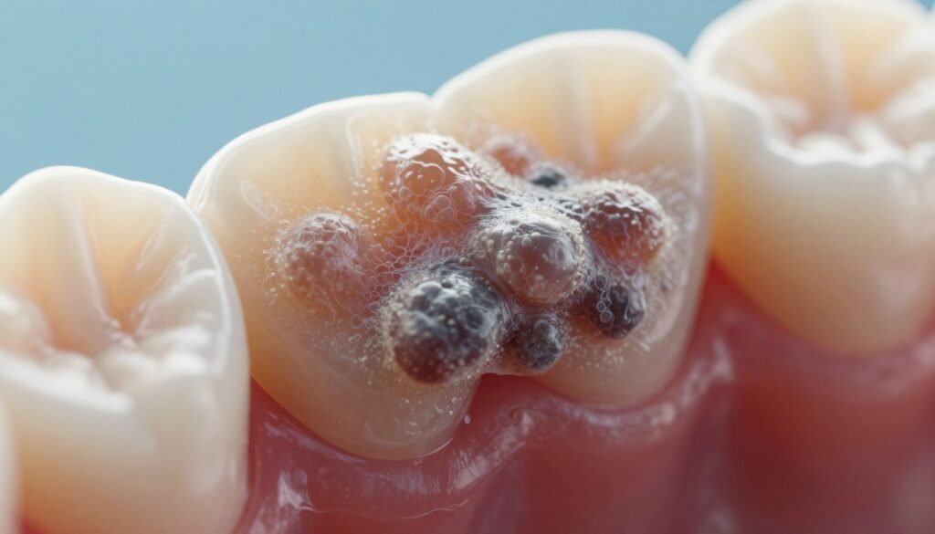 A close-up view of bacterial plaque on teeth, highlighting its texture and color variations. The image should show a detailed and realistic representation of the plaque, with a soft focus on the background to emphasize the plaque. The lighting should be bright and clinical, resembling a dental examination environment, with reflections to bring out the sheen of the bacteria. Consider a macro lens perspective to capture the fine details of the plaque's surface. The atmosphere should convey a sense of urgency and importance in oral health. The setting should be devoid of any distractions or text elements, ensuring a clear focus on the plaque itself and its implications for gum health.