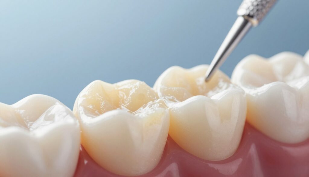 A close-up view of dental plaque on a tooth, showcasing a detailed and textured surface. The plaque appears as a slight yellowish film, contrasting vividly against the white enamel of the tooth. In the foreground, the tooth is sharply focused, with intricate details of the plaque. The middle ground features a gentle gradient, softly blurring to emphasize the tooth while adding an abstract suggestion of dental tools. The background is a subtle, blurred blue gradient, evoking a clean and clinical environment, suggesting a dental office. Soft, natural lighting highlights the tooth, creating a clear and educational atmosphere, while maintaining a sense of professionalism and hygiene. The mood is informative and calm, ideal for an educational context.