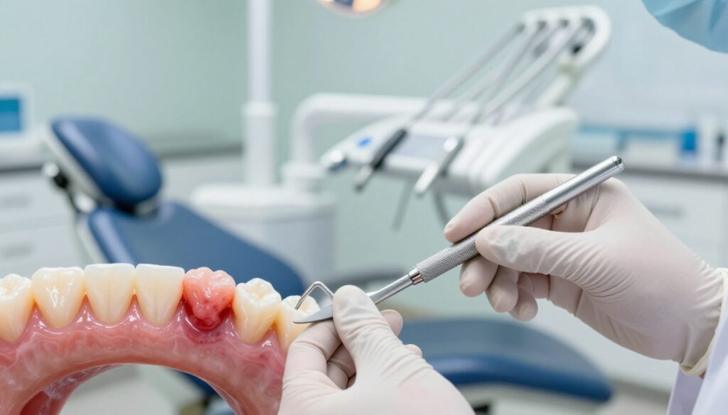 A close-up view of healthy gums and teeth in a dental environment, focusing on the contrast between healthy pink gums and inflamed, red gums that display signs of periodontal disease. The foreground features a dentist's gloved hands gently examining a patient's mouth with a dental probe. In the middle, a dental chair adds context, while various dental instruments glisten under bright clinical lighting. The background exhibits a well-organized dental clinic with soft, calm colors and a serene atmosphere to emphasize comfort and professionalism. The scene conveys a sense of careful diagnosis, highlighting the importance of dental hygiene and awareness of symptoms like swelling and redness, essential for understanding gum health. The overall mood is informative and reassuring.