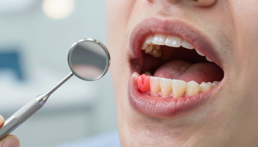 A close-up view of healthy versus inflamed gums, highlighting the symptoms of gum inflammation. In the foreground, a detailed depiction of a person’s open mouth showing red, swollen gums compared to healthy pink gums, revealing the differences clearly. The middle layer features dental tools like a mirror and probe, indicating a dental examination. In the background, soft diffused lighting creates a clean, clinical atmosphere, simulating a professional dental office. The angle is slightly tilted to draw attention to the inflamed gums while maintaining a calm and informative mood. Focus on clarity and realism to effectively convey the seriousness of gum inflammation and the importance of treatment assessment.