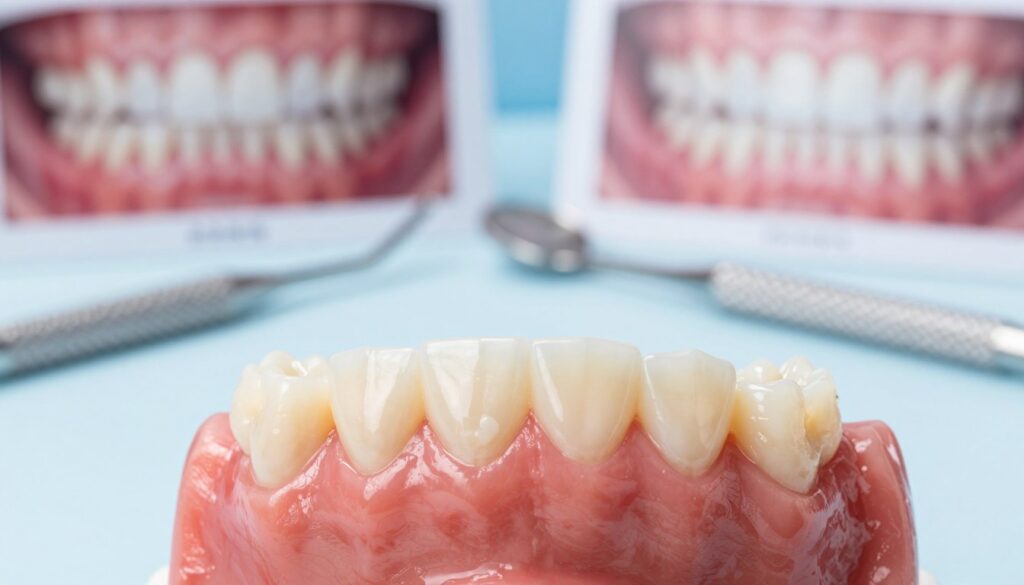 A close-up view of healthy, white gums displayed prominently in the foreground, highlighting their smooth texture and vibrant color. The middle ground features a dentist's examination tools laid out neatly on a sterile surface, suggesting a clinical environment. In the background, softly blurred dental artwork or educational charts depicting different stages of gum health subtly support the theme of dental diagnostics. The lighting is bright and clinical, emulating an examination room atmosphere, with a slight focus on the gums to emphasize their condition. The overall tone is informative and professional, conveying a sense of urgency and care in dental health.