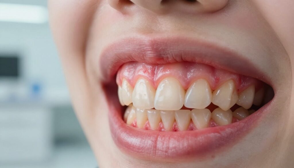 A close-up view of inflamed gums highlighting redness and swelling around teeth, set against a soft-focus dental clinic background. In the foreground, display an open mouth showcasing molars with noticeable gum irritation, emphasizing the painful condition. The lighting is bright and clinical, ensuring clarity while subtly illuminating the gum area. A focused lens captures the texture and color variations of the inflamed gums, creating a sense of urgency and concern without being graphic. The atmosphere is calm but serious, reflecting the importance of dental health and the need for professional care. No human subjects, only a detailed, anatomical representation of gum inflammation to visually inform readers. A close-up view of inflamed gums highlighting redness and swelling around teeth, set against a soft-focus dental clinic background. In the foreground, display an open mouth showcasing molars with noticeable gum irritation, emphasizing the painful condition. The lighting is bright and clinical, ensuring clarity while subtly illuminating the gum area. A focused lens captures the texture and color variations of the inflamed gums, creating a sense of urgency and concern without being graphic. The atmosphere is calm but serious, reflecting the importance of dental health and the need for professional care. No human subjects, only a detailed, anatomical representation of gum inflammation to visually inform readers.