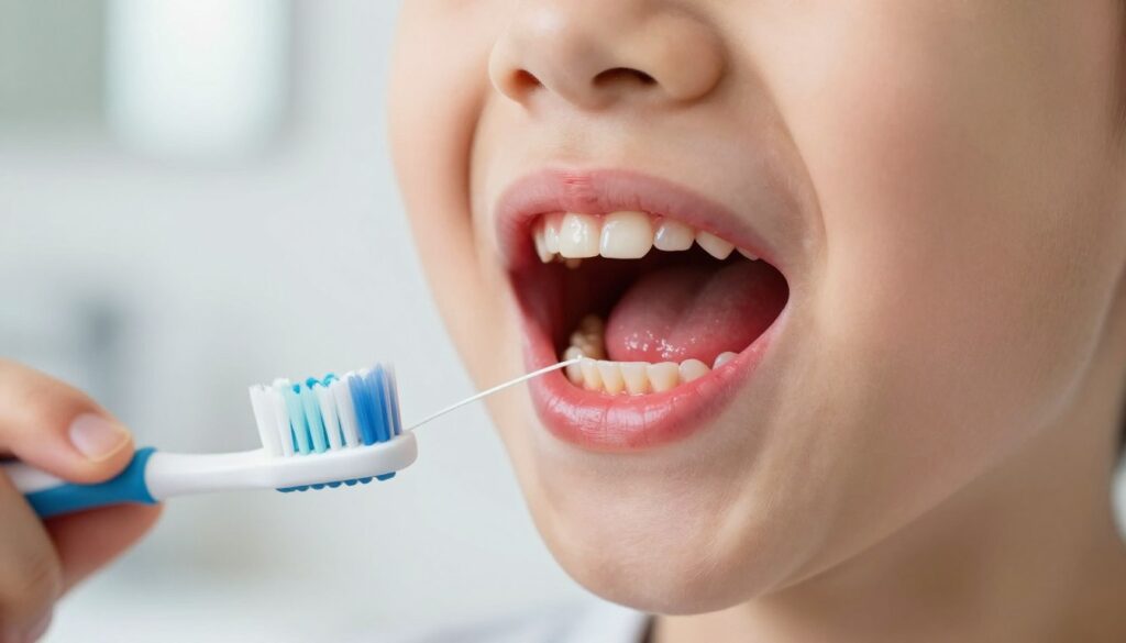 A close-up view of inflamed gums in a child's mouth, focusing on vivid red and swollen areas around the teeth, highlighting symptoms of gingivitis. The foreground features the child's mouth slightly opened, showcasing the gums and teeth, while ensuring the child appears healthy otherwise. In the middle ground, a toothbrush and dental floss are positioned nearby to emphasize dental care. The background is a softly blurred bathroom setting with bright, natural lighting to create a clean and approachable atmosphere. The angle is slightly above eye level, capturing the intensity of the gum inflammation while maintaining a clinical yet empathetic vibe.