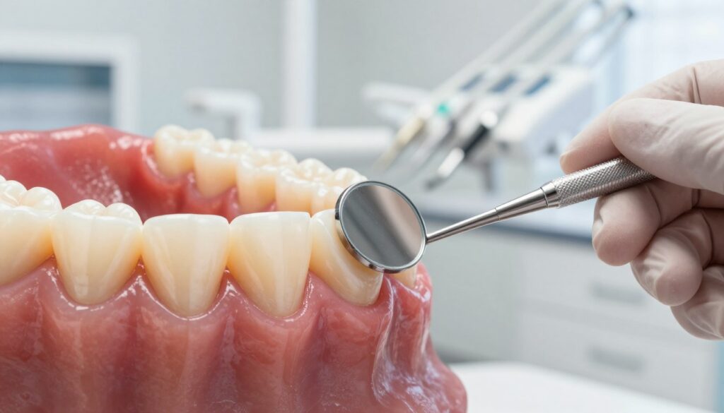 A close-up view of receding gums focusing on dental health, showcasing the intricate details of the gum recession. The foreground features a realistic depiction of a human jaw with visibly receding gums, highlighting the delicate textures and color differences between healthy and affected tissue. In the middle ground, include a pair of gloved hands gently holding dental tools, such as a probe and mirror, symbolizing professional dental examination. The background should show a clean, well-lit dental office filled with dental equipment, providing a clinical atmosphere. Soft, natural lighting enhances the details and highlights, while the overall mood conveys a sense of urgency and professionalism regarding oral health.