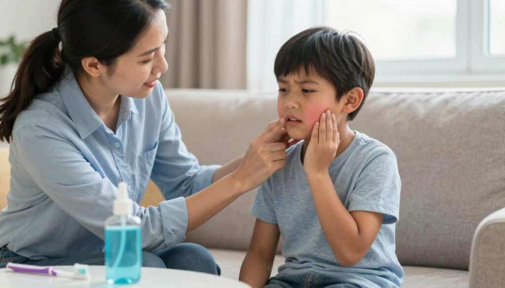 A concerned parent gently examining a child with a swollen cheek, indicative of dental discomfort, in a well-lit living room. The child, around six years old, is sitting on a cozy sofa, looking slightly worried but calm. On a nearby table, there are dental care items like a toothbrush and mouthwash, symbolizing care and attention. The background features soft warm colors, creating a nurturing atmosphere. A window allows natural light to illuminate the scene, highlighting the parent-child bond. The atmosphere is one of care and concern, emphasizing the need for attention to dental health in children and the seriousness of swelling in specific situations.