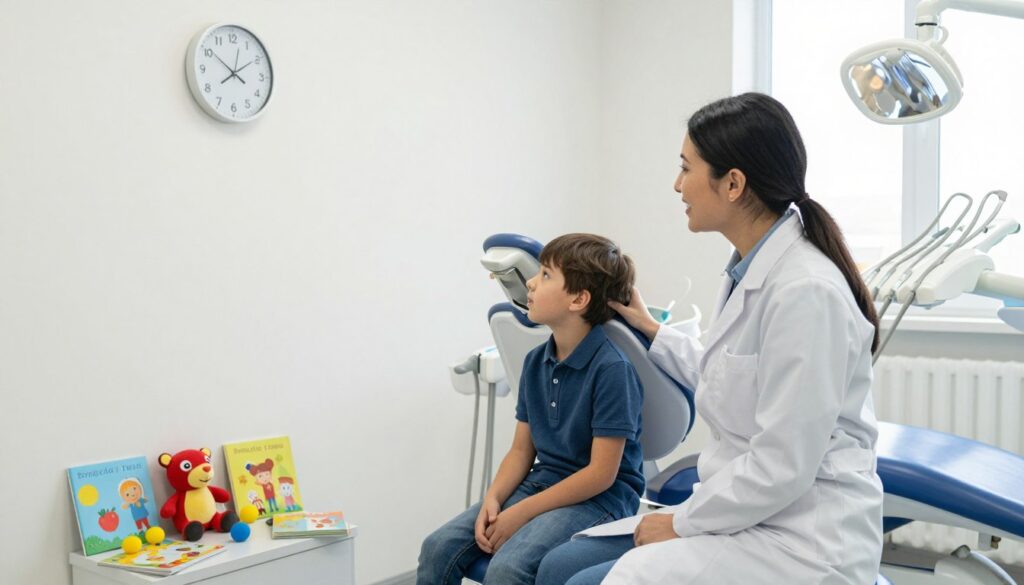 A concerned parent sits anxiously in a brightly lit dental office waiting room, glancing at a clock on the wall, indicating a need for urgency. The child, in professional casual clothing, looks nervously at a friendly dentist nearby, who is wearing a white coat and a warm smile. Toys and children's books are scattered around, creating a welcoming atmosphere. The dentist's office is well-equipped, with dental chairs and tools visible in the background, emphasizing professionalism. Soft natural light streams through a window, creating a calm yet urgent mood, highlighting the importance of timely dental care for children. The overall scene captures a moment of anticipation, reflecting the urgency of a visit to the dentist.