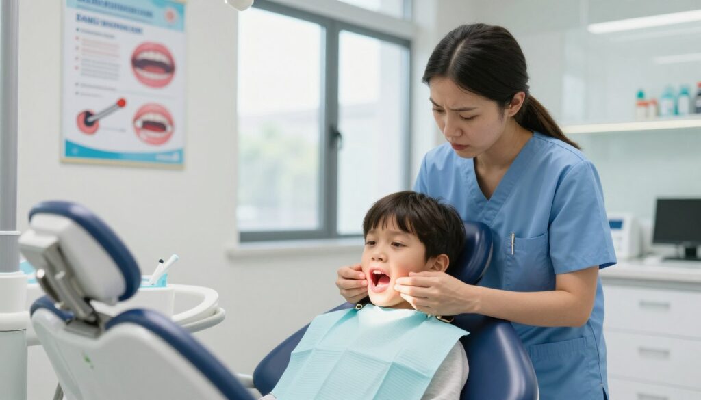 A concerned parent standing in a bright, warmly-lit dental clinic, gazing anxiously at their young child in the dental chair, who has swollen gums. The child, wearing a friendly and colorful dental bib, displays a slight discomfort but is reassured by a gentle dentist nearby, dressed in professional scrubs. In the background, dental posters educate about gum health, while soft natural light filters through large windows. The atmosphere conveys a sense of concern but also care and professionalism, highlighting the importance of addressing gum inflammation in children, particularly linked to pregnancy-related health issues. The focus is on the parent-child interaction, emphasizing the emotional aspect of dental health care.