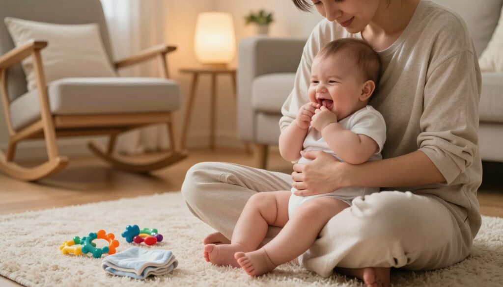 A cozy, heartwarming scene in a softly lit living room, showcasing a parent gently comforting their teething infant. In the foreground, the parent sits on a plush rug, wearing comfortable, modest clothing, cradling a smiling baby with slightly swollen gums. The middle ground features a selection of soothing teething toys, such as a colorful teething ring and a cool, soft cloth. In the background, there are warm, inviting elements like a rocking chair, soft pillows, and a gentle glow from a nearby lamp. The atmosphere conveys calmness and care, capturing the tender moment of alleviating a child's teething discomfort. Use soft, warm lighting to emphasize the intimacy of the scene, and create a focus on the parent-child connection.