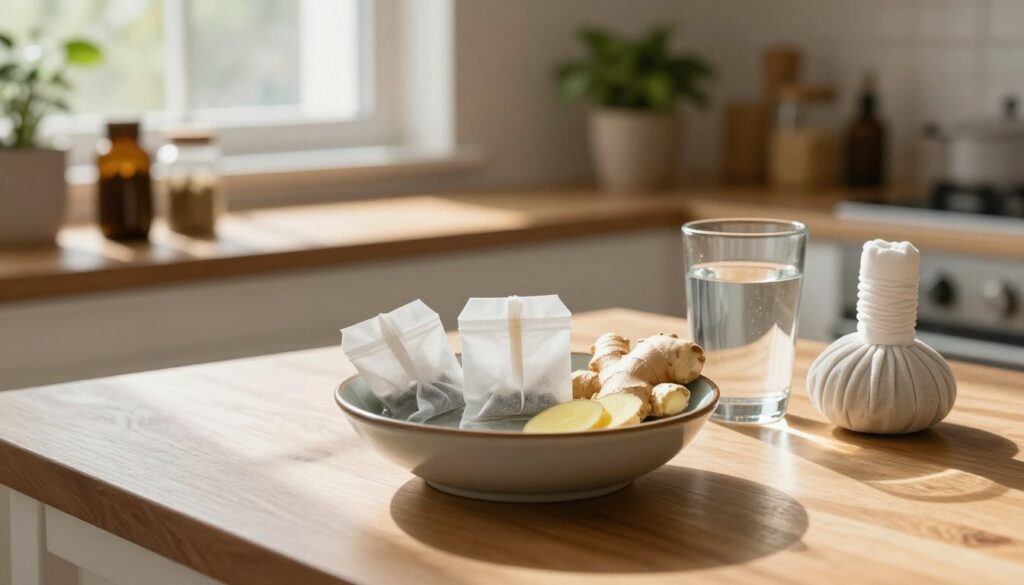 A cozy home setting featuring a wooden kitchen table with natural light streaming in from a nearby window. In the foreground, a decorative bowl filled with various natural remedies for tooth swelling, such as warm saltwater, cold tea bags, and fresh ginger, is displayed artistically. Next to the bowl, a glass of water and cloth compress hint at immediate remedies. In the background, shelves lined with herbal jars and a potted plant add a touch of greenery, enhancing the atmosphere of a calm and soothing environment. The scene conveys a sense of relief and comfort, inviting the viewer to discover home remedies for dental swelling. Soft, warm lighting casts gentle shadows, creating an inviting and peaceful mood.