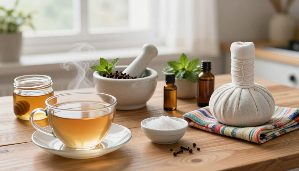 A cozy, inviting kitchen scene featuring a wooden table adorned with various home remedies for toothache. In the foreground, a steaming cup of herbal tea and a small bowl of salt sit next to a honey jar. The middle ground showcases a mortar and pestle with fresh cloves and peppermint leaves, essential oils, and a warm compress draped over a small, colorful cloth. The background displays a softly lit window with sheer curtains, allowing gentle natural light to illuminate the space, creating a calming atmosphere. The mood is one of comfort and healing, evoking a sense of relief and reassurance for anyone suffering from dental pain. A cozy, inviting kitchen scene featuring a wooden table adorned with various home remedies for toothache. In the foreground, a steaming cup of herbal tea and a small bowl of salt sit next to a honey jar. The middle ground showcases a mortar and pestle with fresh cloves and peppermint leaves, essential oils, and a warm compress draped over a small, colorful cloth. The background displays a softly lit window with sheer curtains, allowing gentle natural light to illuminate the space, creating a calming atmosphere. The mood is one of comfort and healing, evoking a sense of relief and reassurance for anyone suffering from dental pain.