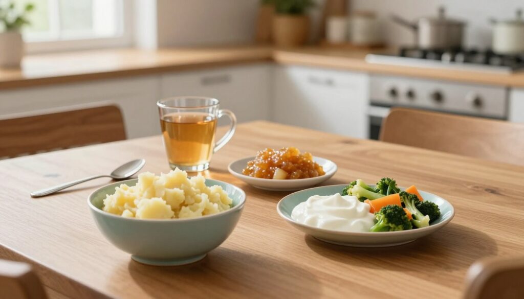 A cozy kitchen scene, featuring a wooden table with an assortment of soft, healing foods suitable for post tooth extraction recovery. In the foreground, display a colorful bowl of mashed potatoes, creamy yogurt, and soft steamed vegetables, appealing to a sense of comfort. In the middle, include a glass of soothing herbal tea and a small plate of applesauce, emphasizing gentleness on the healing gums. The background should show a bright and inviting kitchen with soft, natural lighting filtering through a window, creating a warm atmosphere. Utilize a slightly elevated angle to capture the entire table spread beautifully. The mood is calm and nurturing, capturing the essence of care after dental surgery.
