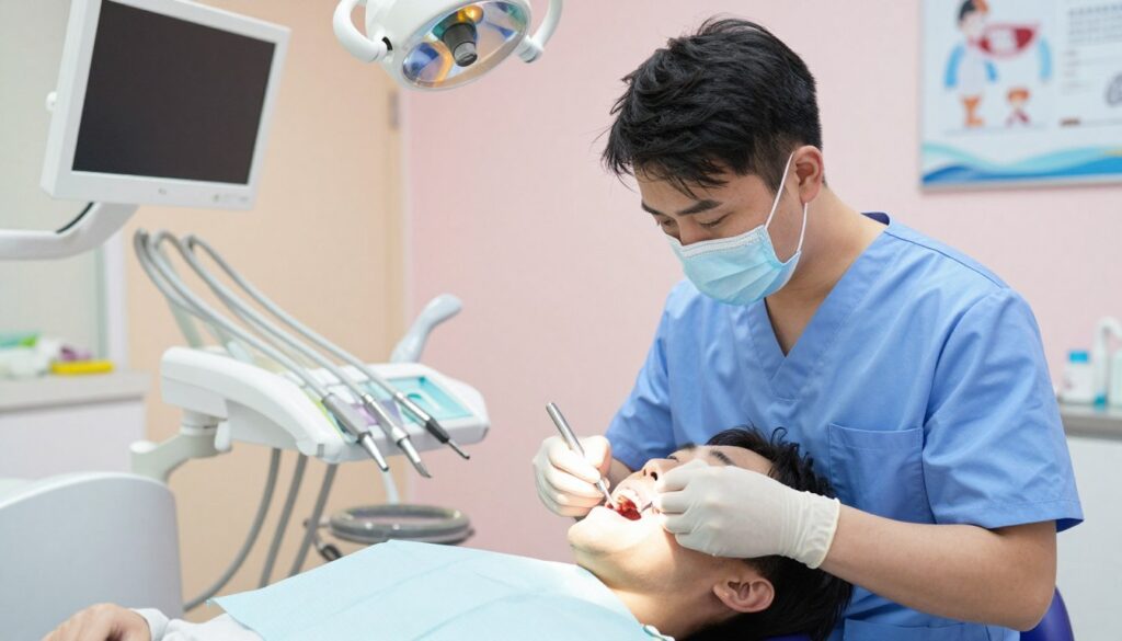 A dental clinic interior showcasing a dentist performing a tooth extraction procedure. In the foreground, a focused dentist in professional scrubs and a mask gently extracts a molar from a patient lying in a dental chair, displaying a calm yet attentive expression. The patient is covered with a dental bib, looking slightly anxious but reassured by the dentist's careful approach. In the middle ground, dental tools are neatly arranged on a tray, with equipment like a dental lamp and monitor visible in soft focus. The background features soothing pastel-colored walls and posters related to dental health, creating a sterile yet comforting atmosphere. The lighting is bright, clinical but warm, enhancing the scene's reassuring mood, captured from a slightly elevated angle.