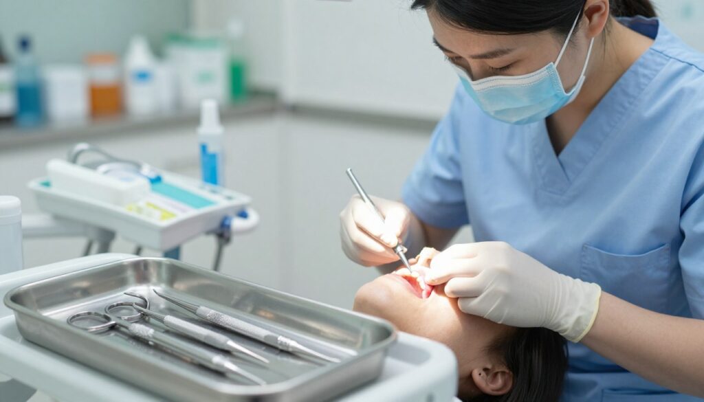 A dental clinic setting featuring a close-up view of surgical stitches in the gum area. The foreground showcases a detailed and sterile dental instrument tray with clinical tools, such as scissors and forceps, arranged neatly. In the middle ground, a dental hygienist, dressed in professional attire, examines a patient's gum with close attention, ensuring a gentle approach. The background includes an examination chair and shelves stocked with dental supplies, softly blurred to emphasize the foreground. The lighting is bright and clinical, with a focus on the gum area where the stitches are clearly visible, capturing the essence of care and professionalism. The atmosphere is calm and reassuring, perfect for a dental healthcare setting.