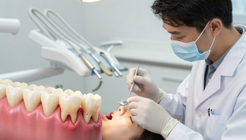 A dental examination scene focusing on the lower jaw, showcasing an illustration of a partially erupted wisdom tooth, popularly known as an "ósemka." In the foreground, a detailed close-up of the lower gum area highlights the tooth's position and the surrounding tissues, capturing swelling and redness indicative of discomfort. In the middle ground, a dental professional in a white coat, wearing gloves and a mask, examines a patient's mouth with a dental mirror, conveying a sense of care and professionalism. The background is softly blurred, suggesting a bright and clean dental office environment with dental tools neatly arranged on a countertop. Warm lighting casts a comforting glow, evoking a serene and informative atmosphere, emphasizing the importance of dental health.