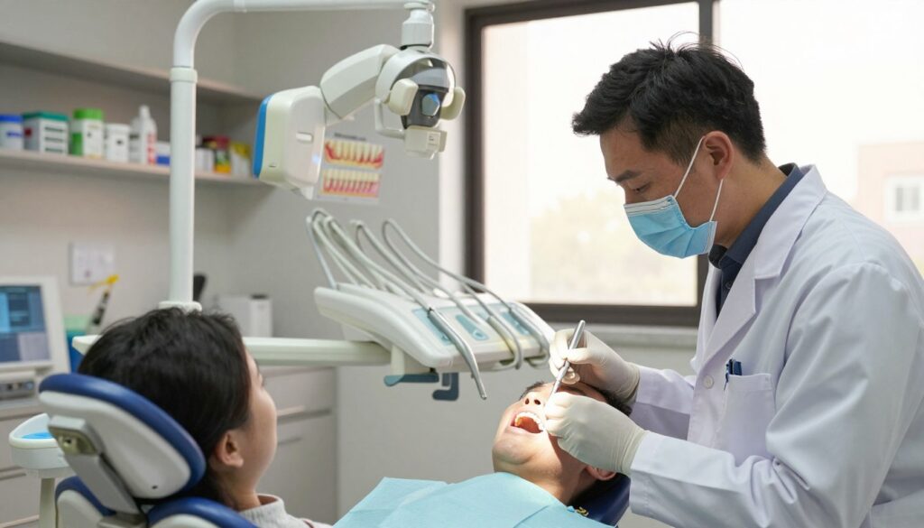A dental office interior with a focus on tooth diagnostics. In the foreground, a dentist in professional attire, wearing a lab coat, is carefully examining a patient's tooth with a dental tool. The patient, sitting in a dental chair, displays a concerned expression. In the middle ground, dental equipment like an X-ray machine and diagnostic tools are visible, along with an illuminated chart showing different tooth structures. The background features shelves stocked with dental supplies and a large window letting in warm, natural light creating a calm atmosphere. The scene is well-lit, with soft shadows to enhance the professional and reassuring environment. The angle is slightly tilted to capture both the dentist's and patient's interactions, emphasizing the diagnostic process.