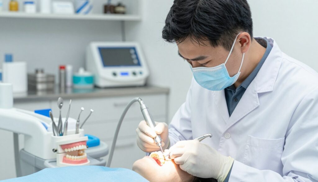 A dental professional in a clean, bright clinic setting, performing tooth preparation for a crown. In the foreground, a dentist, dressed in a professional white coat and mask, is focused on carefully grinding down a tooth with a dental handpiece, showcasing precision and skill. The middle layer features dental tools and a tooth model on the counter, emphasizing the meticulous nature of the procedure. In the background, shelves lined with dental equipment and sterilization tools create a professional atmosphere. Soft, natural lighting illuminates the scene, providing a calm and reassuring ambiance for patients. The overall mood conveys professionalism and comfort, highlighting the importance of tooth preparation in prosthetic dentistry.