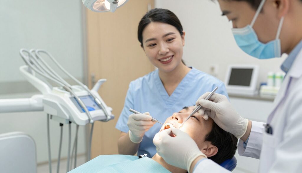A dental professional in a modern clinic setting, dressed in professional attire, carefully placing a dental crown on a patient's tooth. The foreground features a close-up of the dentist's hands, skillfully holding dental tools and the crown, showcasing intricate details. In the middle, the patient is seated in a dental chair, looking relaxed and attentive, with a bright smile, reflecting confidence in the procedure. The background reveals a well-lit, contemporary dental office with advanced equipment, soft colors, and warm lighting, creating a welcoming atmosphere. The scene captures the step-by-step process of crown placement, highlighting precision and professionalism, with a clean and organized workspace.