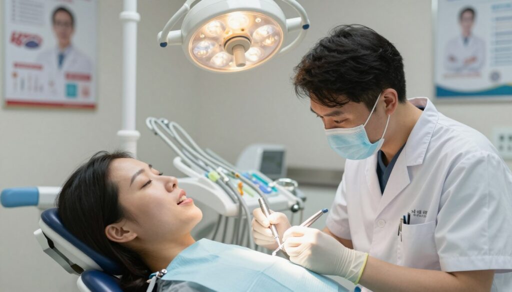 A dental surgery scene focused on a local anesthetic procedure to cover gum recession. Foreground features a dentist in professional attire, carefully performing the surgery on a patient comfortably reclined in a dental chair. The dentist is using precise dental instruments, while the patient appears relaxed and calm, with a local anesthetic administered. In the middle, detailed equipment like a surgical lamp illuminates the area, highlighting the intricate work. Background shows a clean, modern dental office with medical posters and dental tools neatly organized. Soft, warm lighting creates a reassuring atmosphere, while a slight depth of field blurs the background, emphasizing the interaction between the dentist and the patient. The mood is focused yet tranquil, reflecting the professionalism of dental care. A dental surgery scene focused on a local anesthetic procedure to cover gum recession. Foreground features a dentist in professional attire, carefully performing the surgery on a patient comfortably reclined in a dental chair. The dentist is using precise dental instruments, while the patient appears relaxed and calm, with a local anesthetic administered. In the middle, detailed equipment like a surgical lamp illuminates the area, highlighting the intricate work. Background shows a clean, modern dental office with medical posters and dental tools neatly organized. Soft, warm lighting creates a reassuring atmosphere, while a slight depth of field blurs the background, emphasizing the interaction between the dentist and the patient. The mood is focused yet tranquil, reflecting the professionalism of dental care.