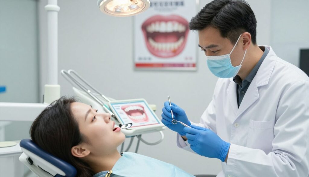 A dentist's office setting with a focus on diagnosing gum inflammation. In the foreground, a dentist wearing a professional white coat and protective gear examines a patient's mouth with a dental mirror and probe, showcasing clear attention to detail. The patient reclines in a modern dental chair, displaying a calm expression. In the middle ground, dental tools and charts illustrating gum health are neatly arranged on a tray. The background features dental posters on the walls highlighting gum care and anatomy, softly lit by overhead lights that create a clean and professional atmosphere. The overall mood is focused and informative, emphasizing the importance of dental care and diagnostics in a welcoming environment. A dentist's office setting with a focus on diagnosing gum inflammation. In the foreground, a dentist wearing a professional white coat and protective gear examines a patient's mouth with a dental mirror and probe, showcasing clear attention to detail. The patient reclines in a modern dental chair, displaying a calm expression. In the middle ground, dental tools and charts illustrating gum health are neatly arranged on a tray. The background features dental posters on the walls highlighting gum care and anatomy, softly lit by overhead lights that create a clean and professional atmosphere. The overall mood is focused and informative, emphasizing the importance of dental care and diagnostics in a welcoming environment.