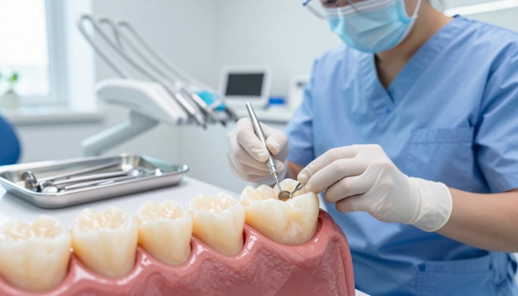 A detailed, anatomical illustration of a dental crown (korona protetyczna) being placed on a tooth. In the foreground, focus on a partially completed dental procedure with a close-up of the tooth, showcasing the intricacies of the crown fitting tightly over the natural tooth structure. The middle section includes dental tools arranged neatly on a sterile tray, with a professional dental assistant in modest scrubs. The background features a well-lit modern dental clinic, with calming blue and white colors, emphasizing a clinical and reassuring atmosphere. Natural light filters in through a window, enhancing the precision of the scene. The image should convey professionalism, care, and the importance of dental health.